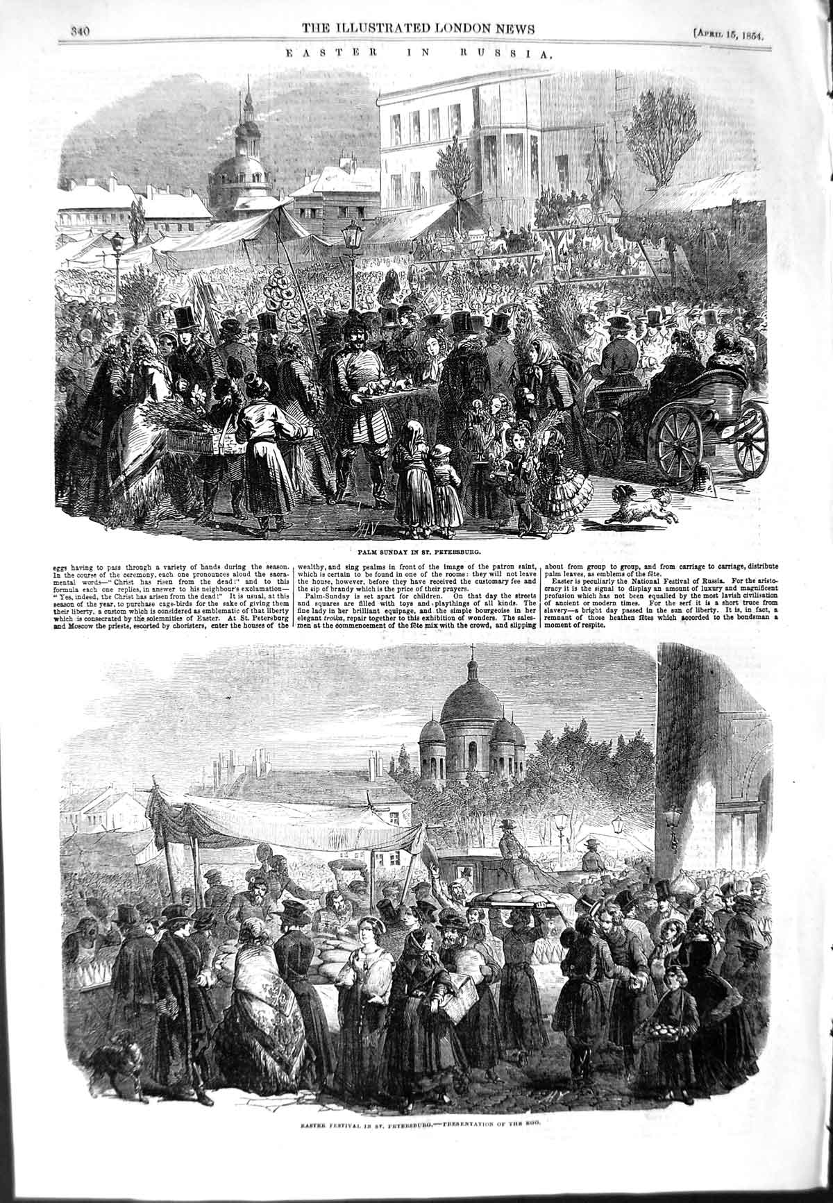 Original Old Antique Print 1854 Palm Sunday Petersburg Russia Easter Festival
