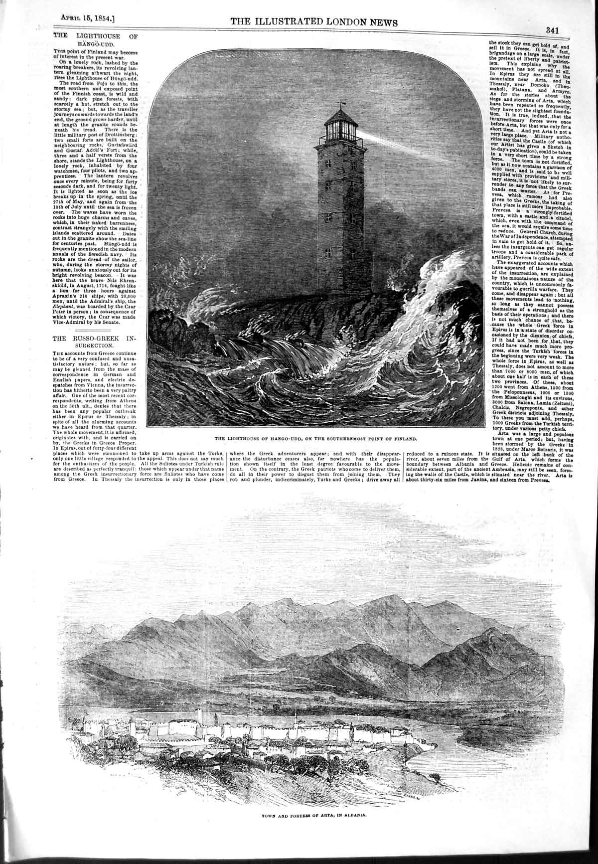 Old Antique Print 1854 Lighthouse Hango-Udd Finland Fortress Arta Albania 19th