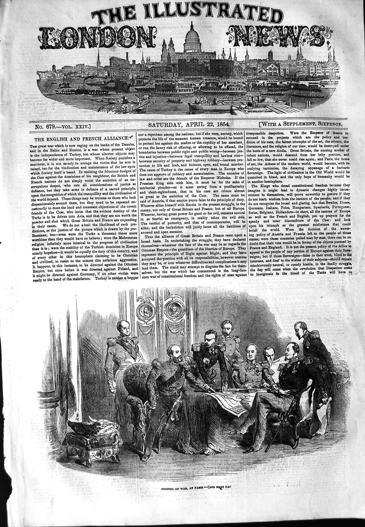 Original Old Antique Print 1854 Council War Paris France Men Meeting Officers