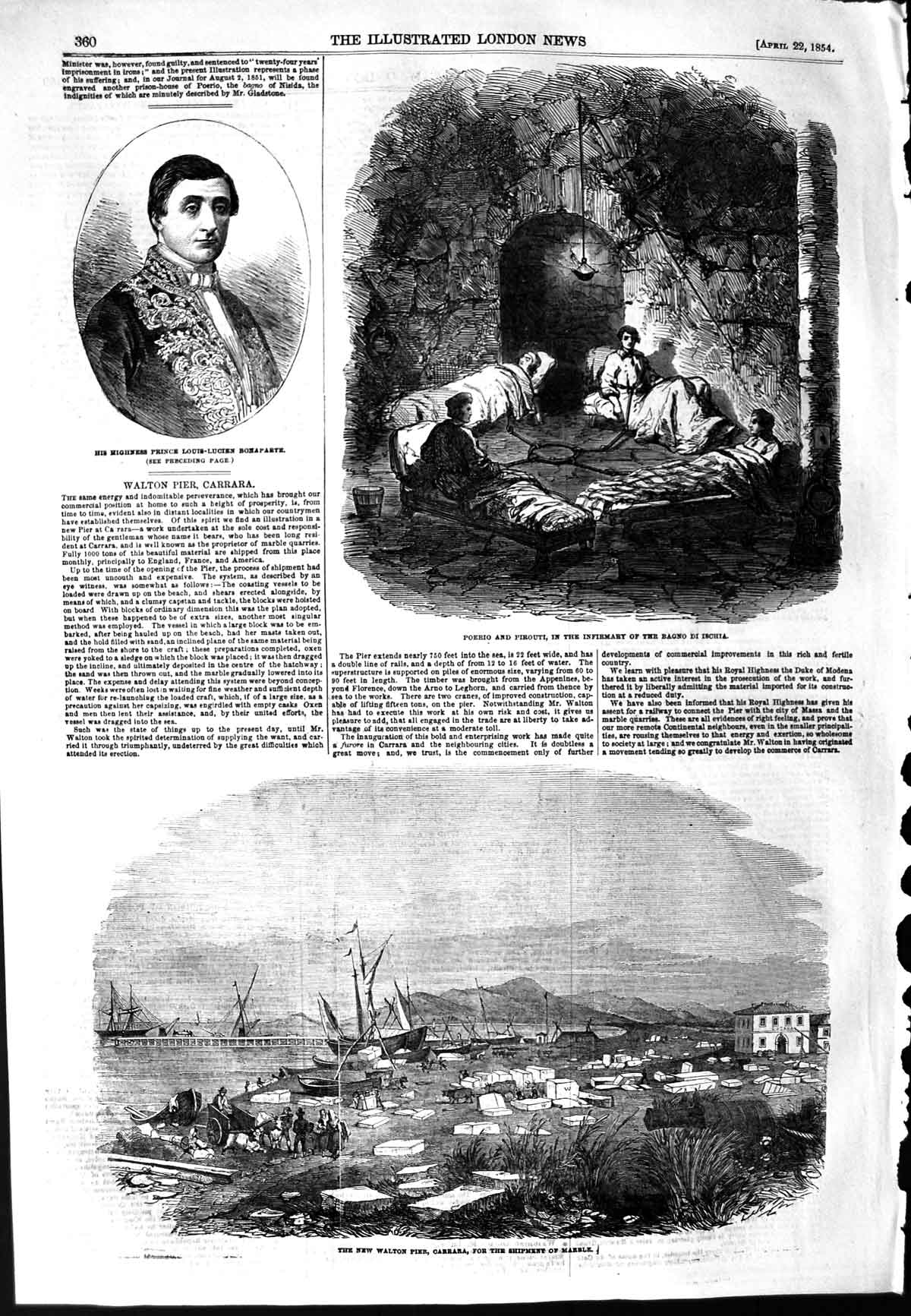 Original Old Antique Print 1854 Walton Pier Ship Marble Bonaparte Poerio 19th