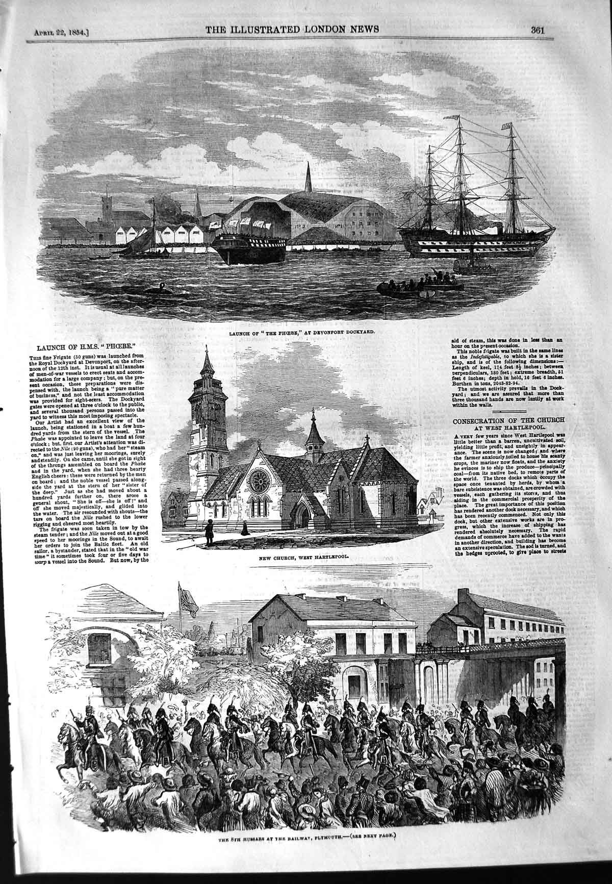 Original Old Antique Print 1854 Phoebe Ship Devonport Church Hartlepool Hussars