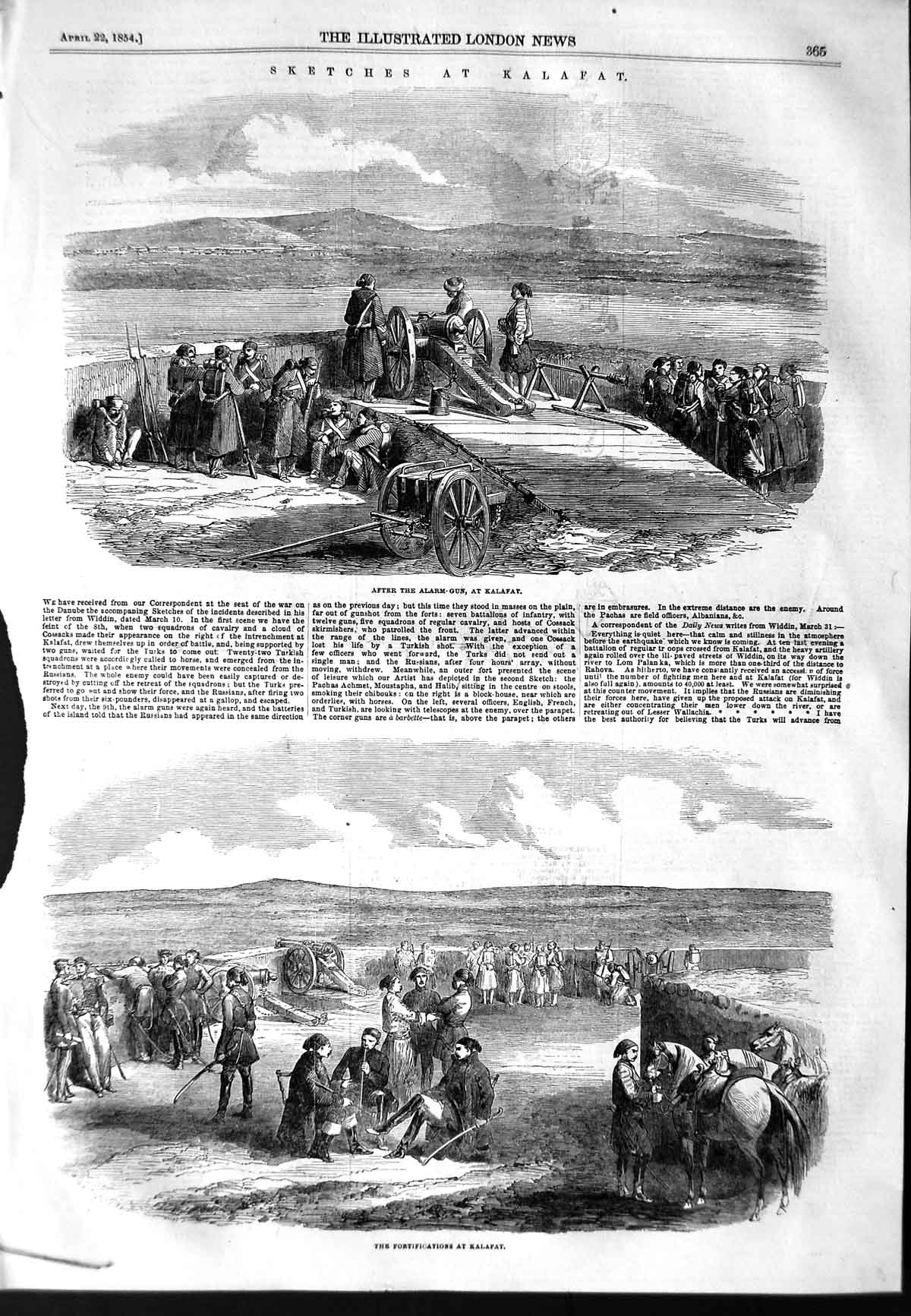 Original Old Antique Print 1854 Kalafat War Alarm-Gun Fortifications Siers 19th