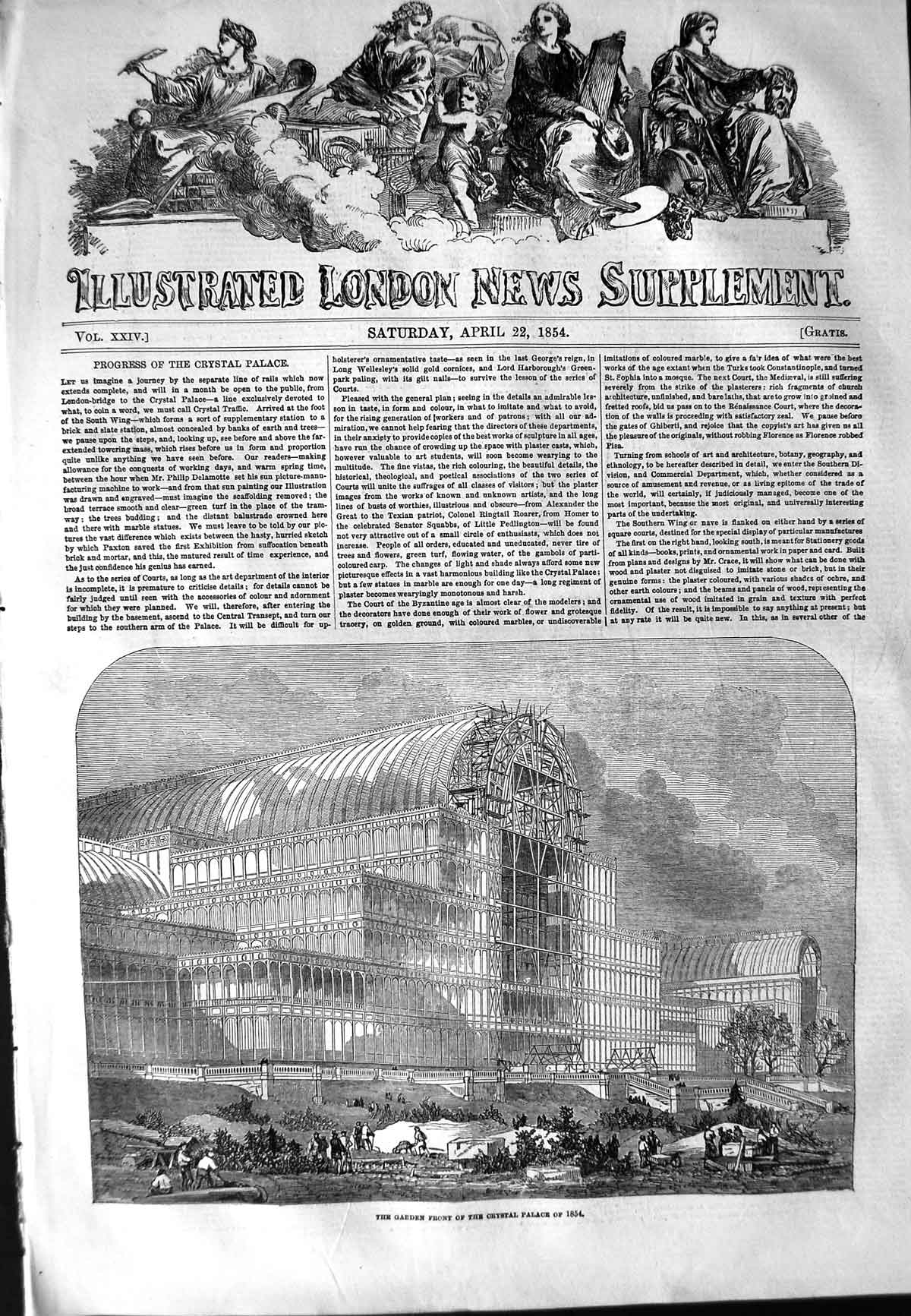Original Old Antique Print 1854 Garden Front Crystal Palace Architecture 19th