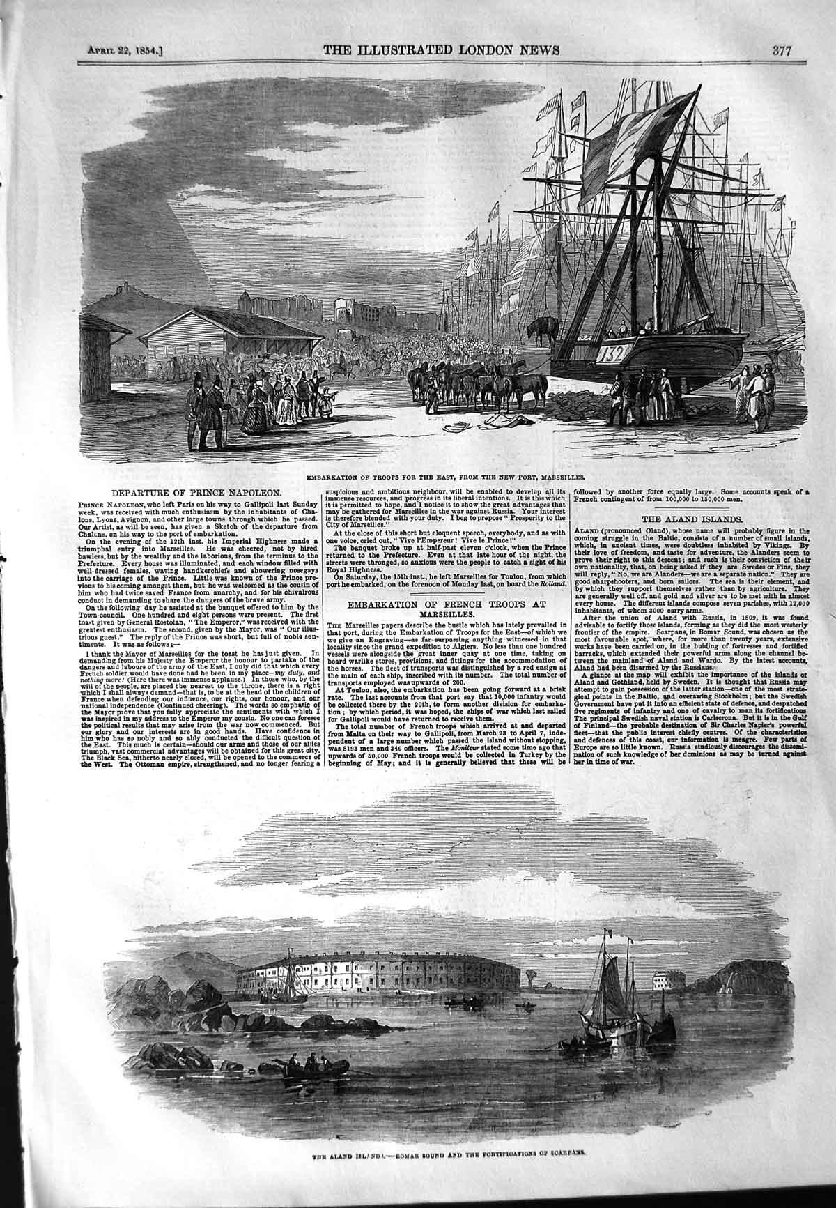 Original Old Antique Print 1854 Siers Port Marseilles France Aland Island Bomar