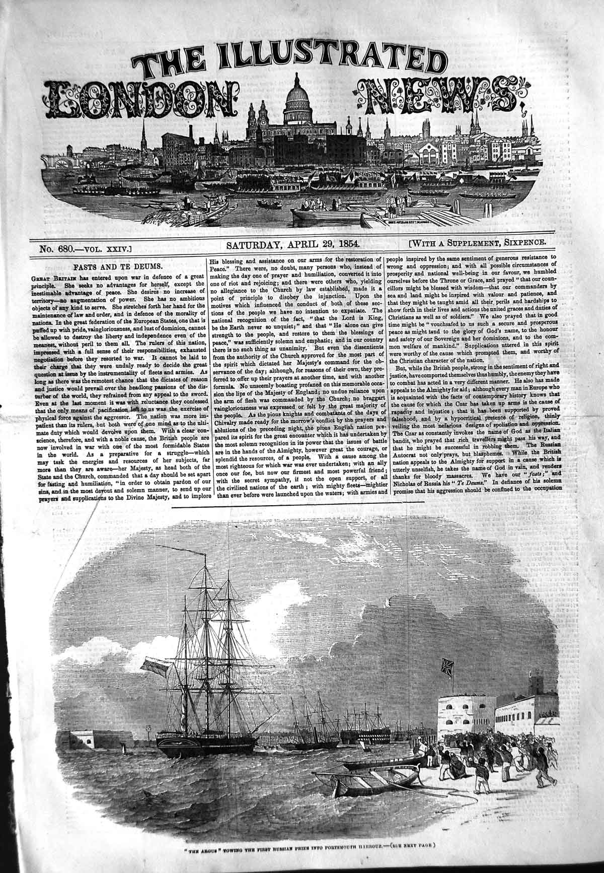 Original Old Antique Print 1854 Argus Ship Russian Boat Portsmouth Harbour War