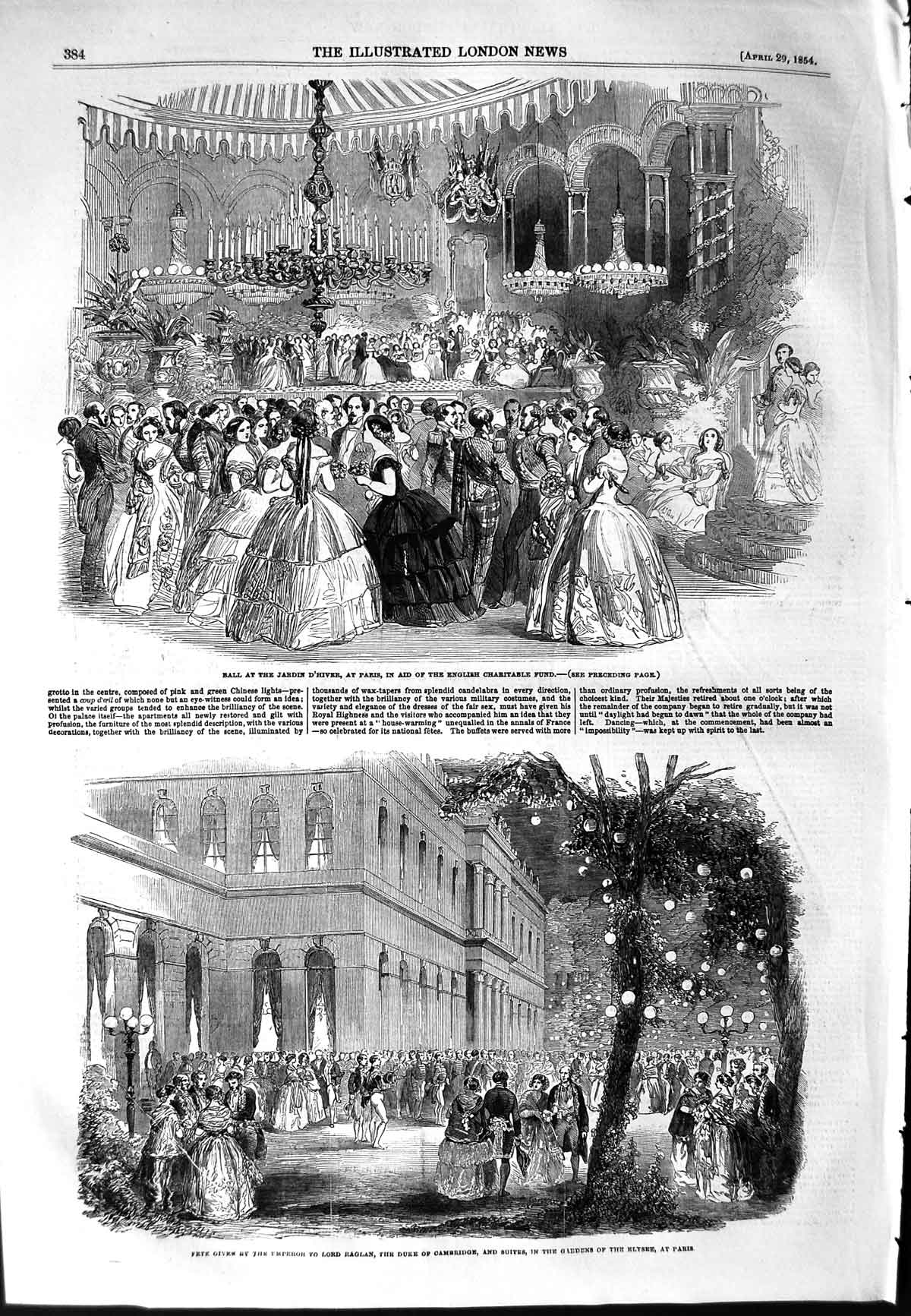 Original Old Antique Print 1854 Ball Jardin D'Hiver Paris Raglan Duke Ca 19th