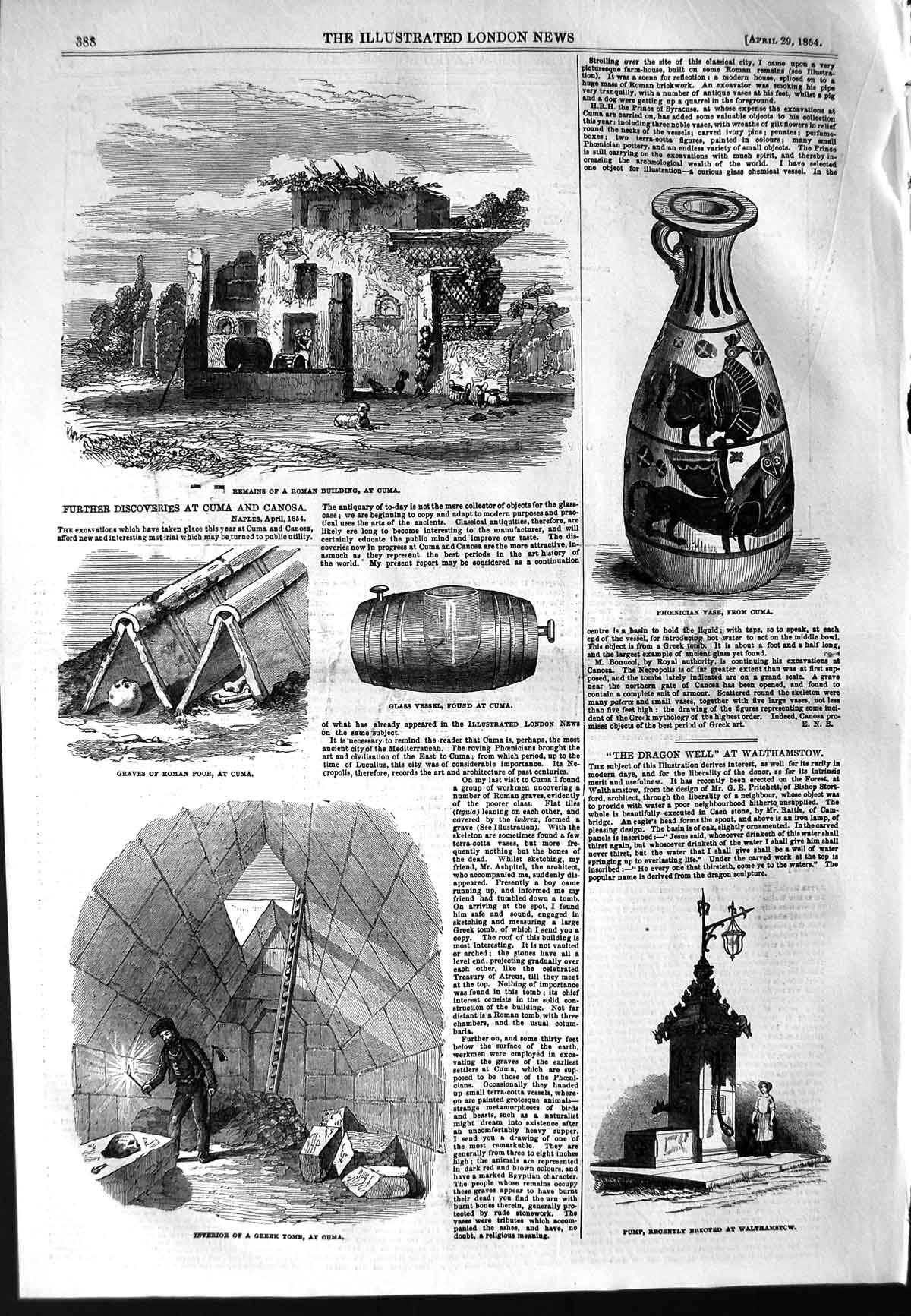 Original Old Antique Print 1854 Roman Buildings Cuma Greek Tomb Vase Walt 19th