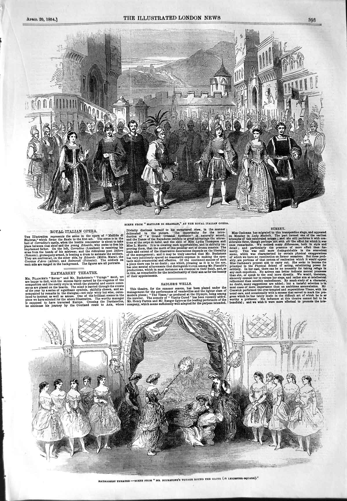 Original Old Antique Print 1854 Haymarket Theatre Royal Italian Opera Shabran