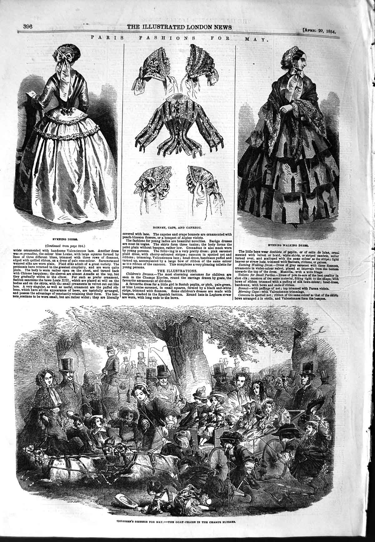 Original Old Antique Print 1854 Goat-Chaise Champs Elysee France Paris Fashion