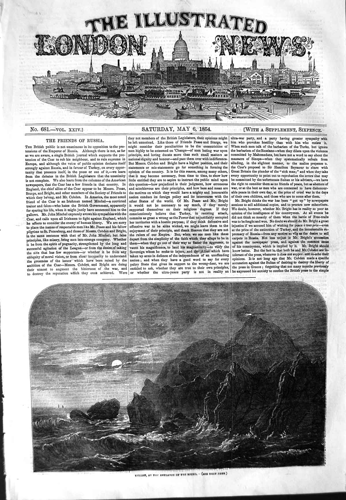 Original Old Antique Print 1854 View Kullen Entrance Sound Moonlight Rocks 19th