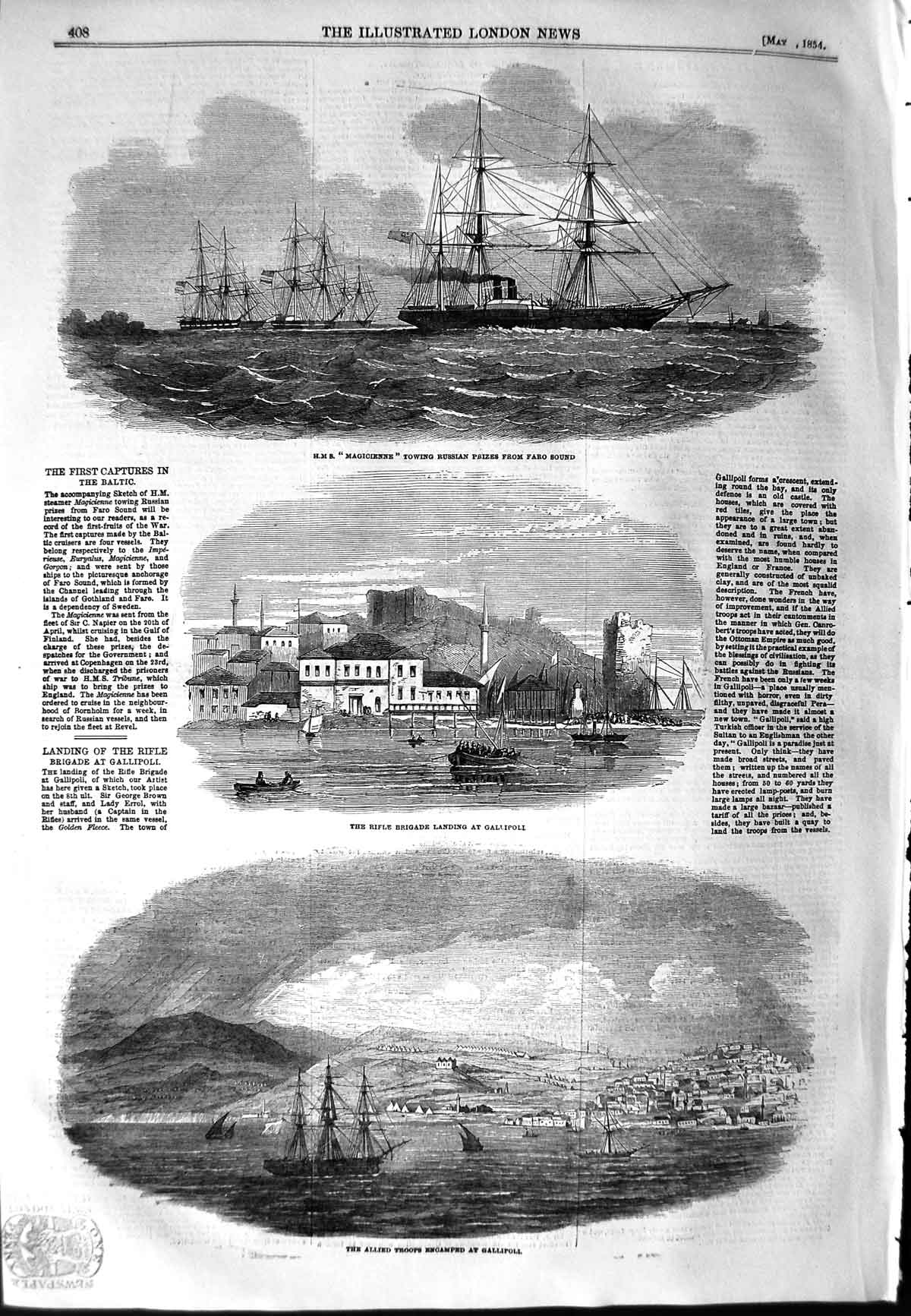 Original Old Antique Print 1854 Ship Magicienne Faro Sound Gallipoli Siers War