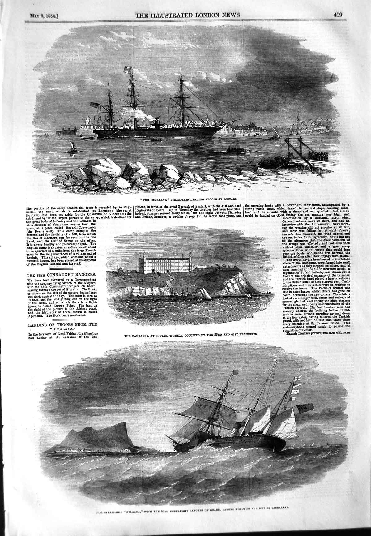 Old Antique Print 1854 Himalaya Ship Scutari Barracks Niagara Gibraltar 19th