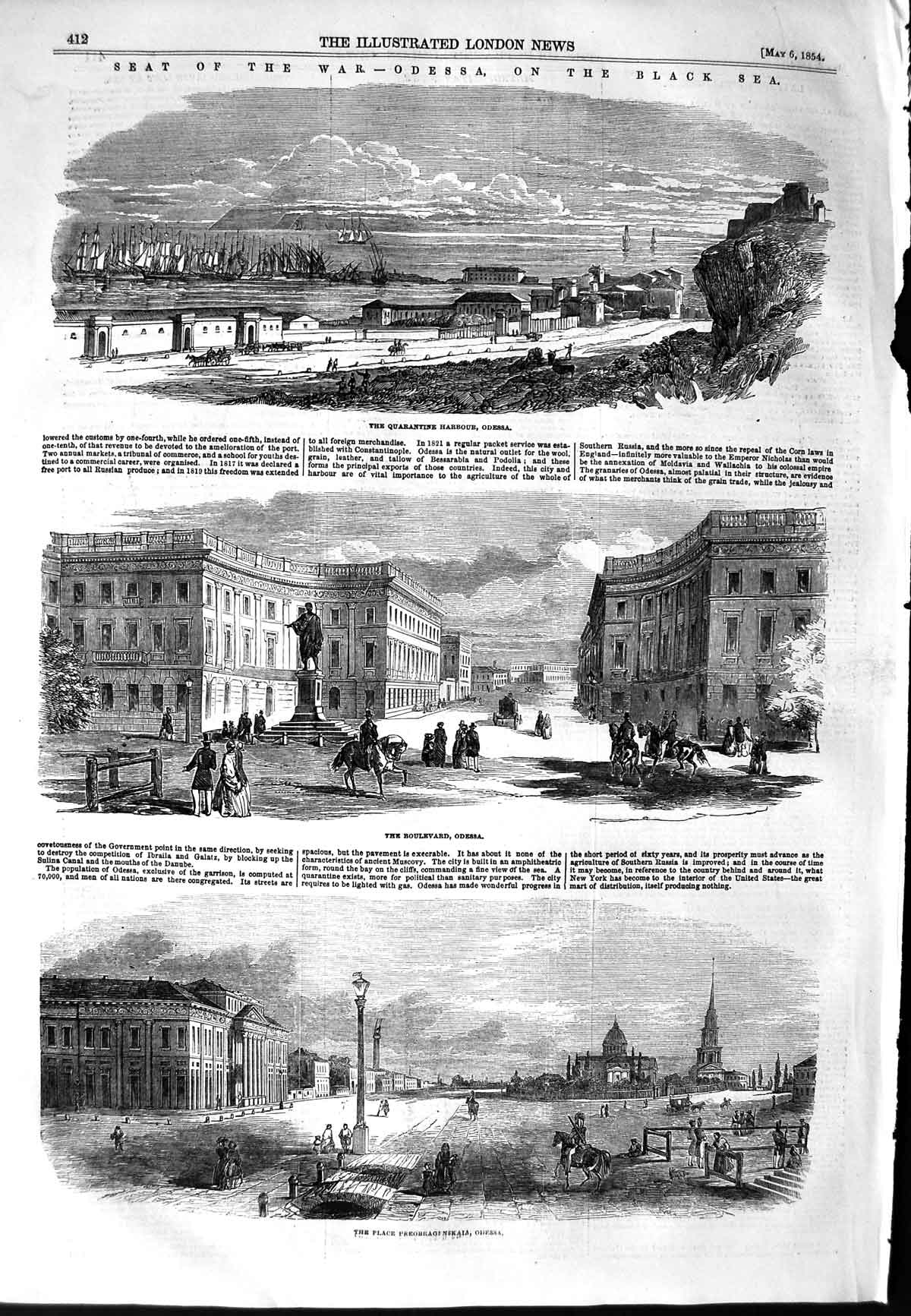 Original Old Antique Print 1854 War Odessa Black Sea Quarantine Harbour Bo 19th
