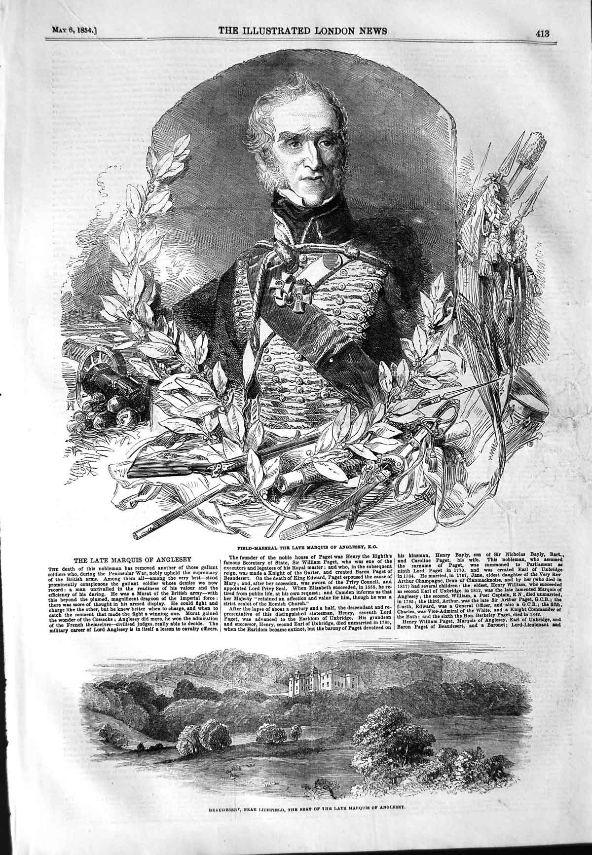Original Old Antique Print 1854 Field-Marshal Marquis Anglesey Beaudeserl House
