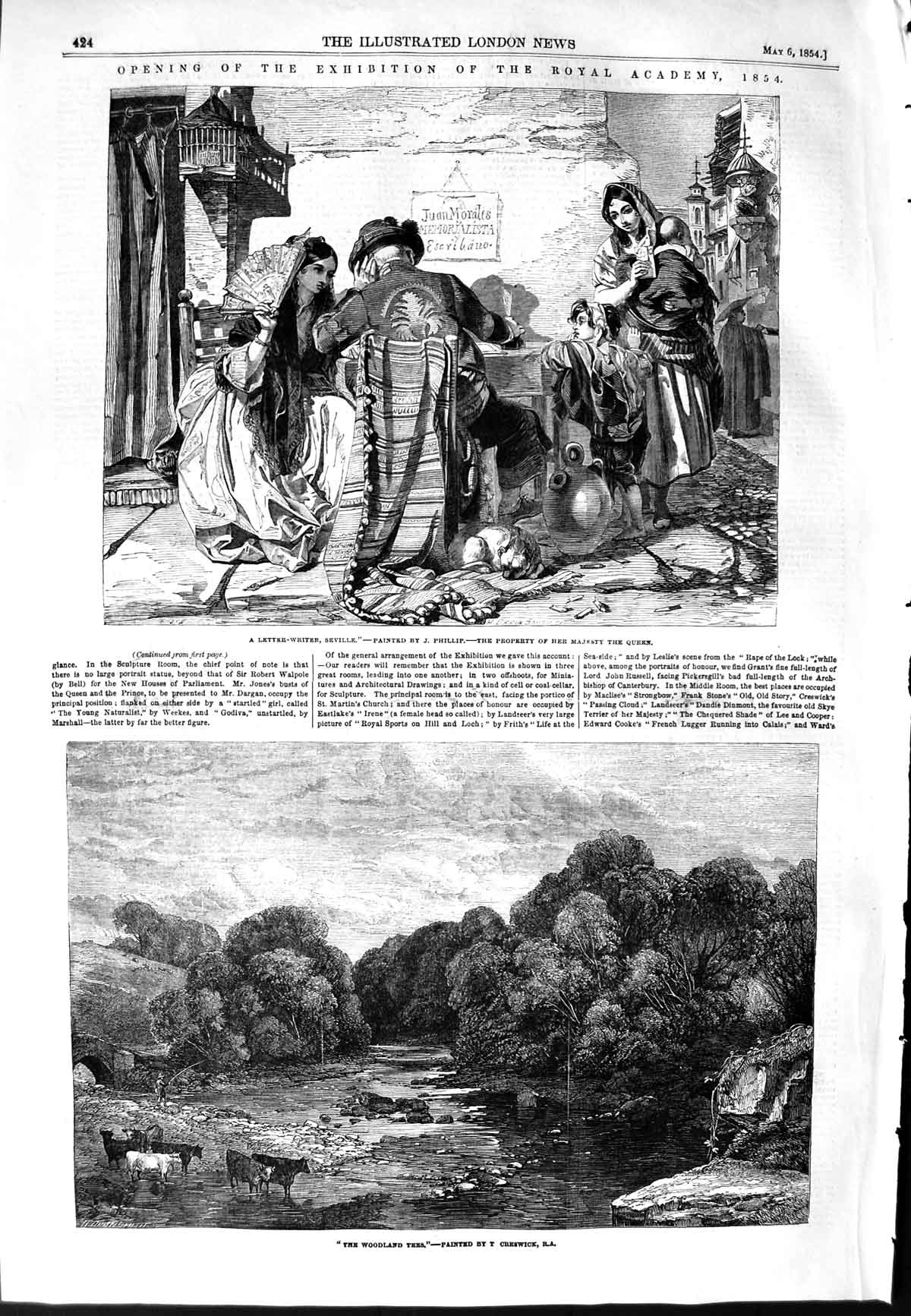 Old Antique Print 1854 Woodland Trees Cattle Letter-Writer Seville Spain 19th