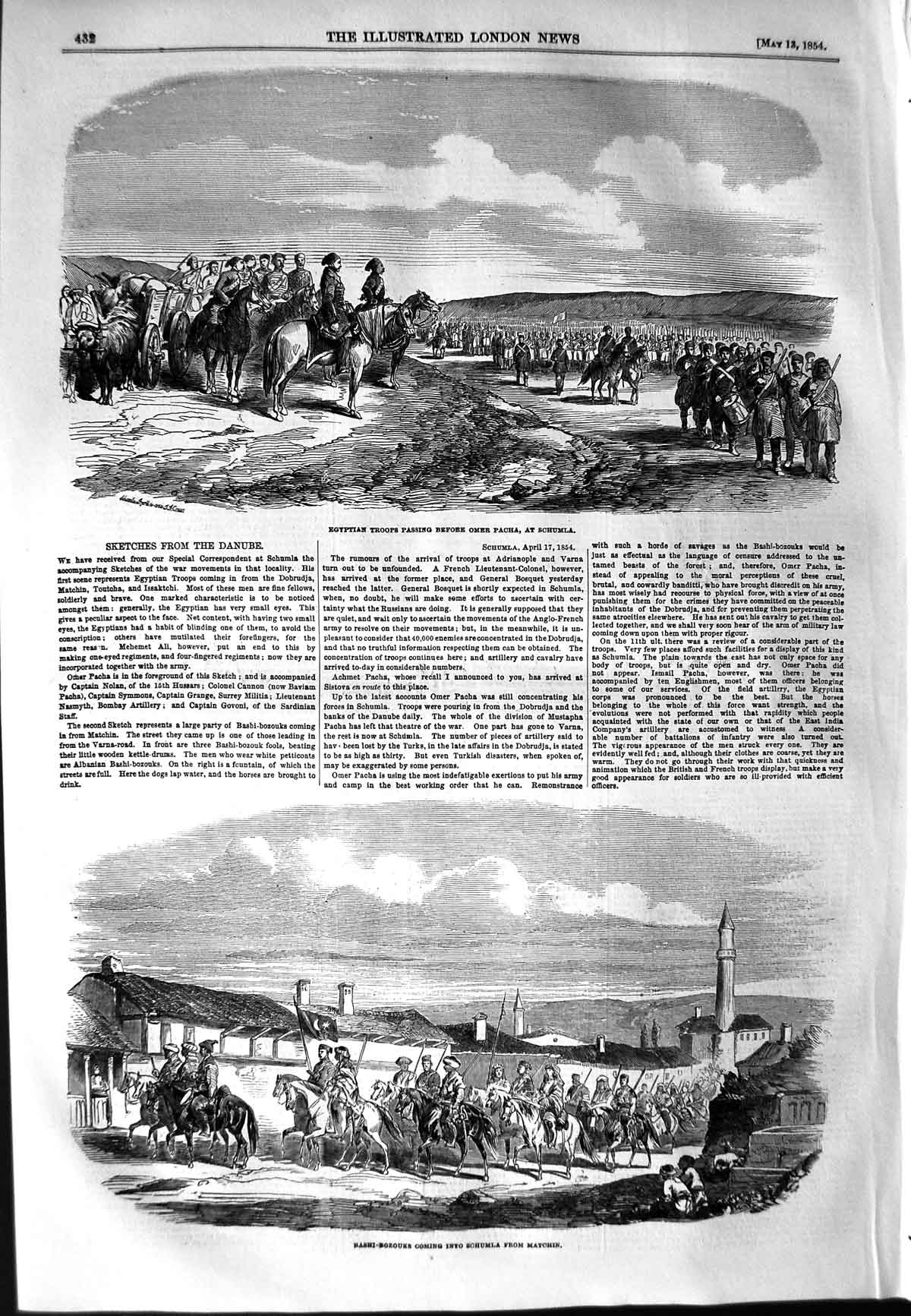 Old Antique Print 1854 Egyptian Troops Omer Pacha Schumla Bashi-Bazouks 19th