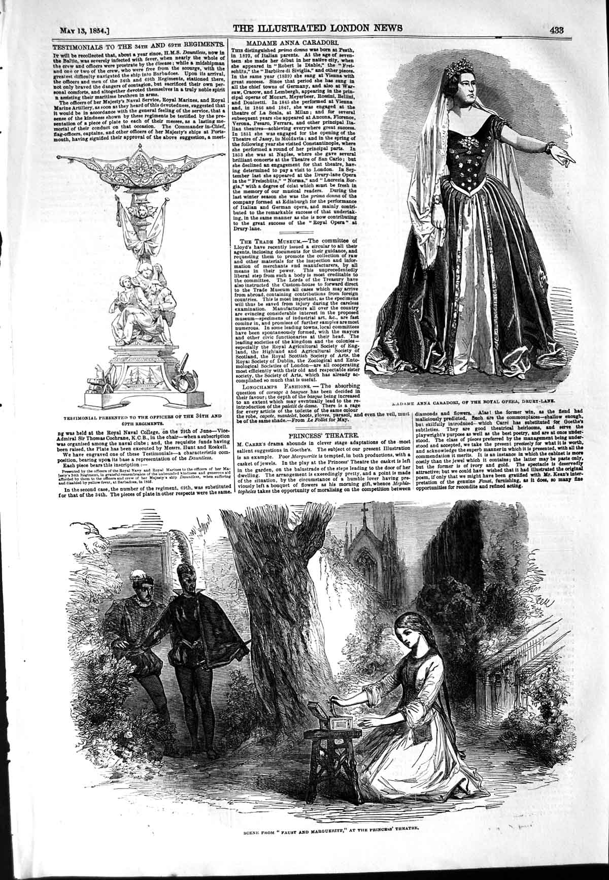 Original Old Antique Print 1854 Faust Marguerite Theatre Anna Caradori Oper 19th