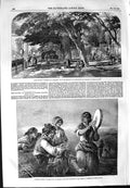 Original Old Antique Print 1854 Spanish Gipsies Music Street Scene People Trees