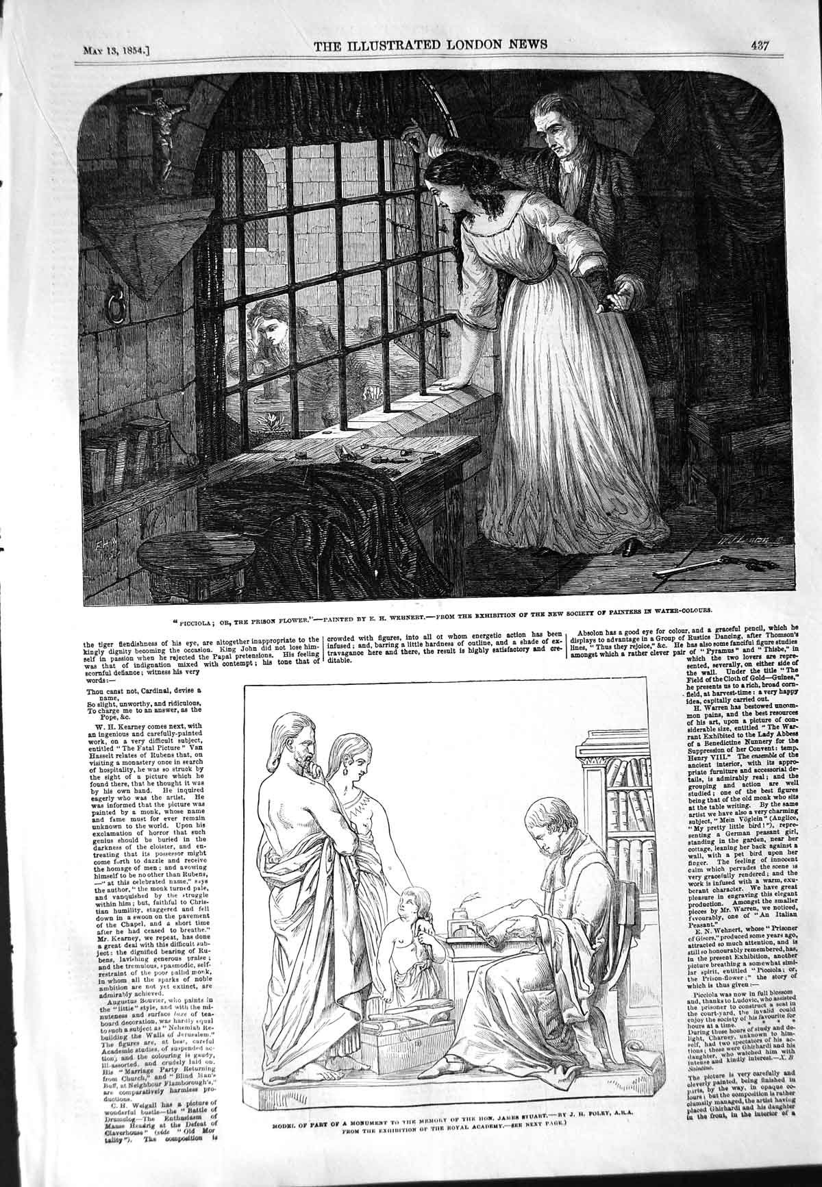 Old Antique Print 1854 Monument James Stuart Picciola Prison Flower Lady 19th