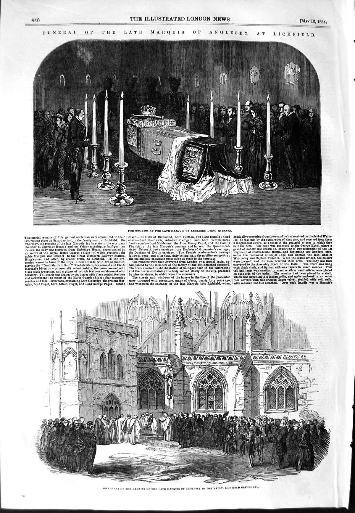Old Antique Print 1854 Funeral Marquis Anglesey Vault Lichfield Cathedral 19th