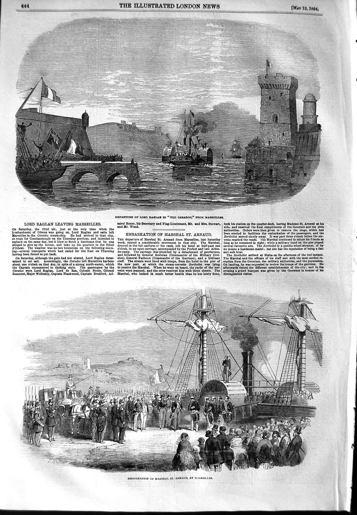 Old Antique Print 1854 Lord Raglan Caradoc Ship Marshal Arnaud Marseilles 19th