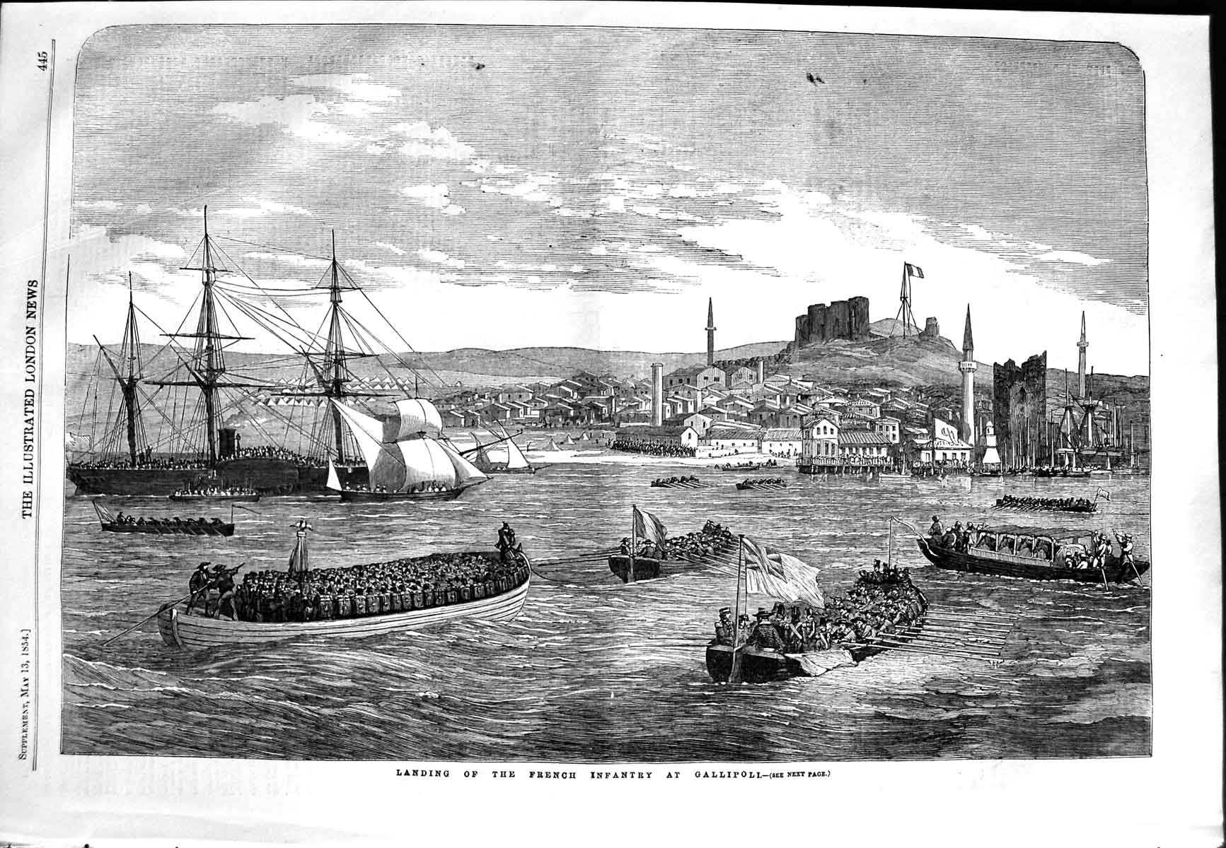 Old Antique Print 1854 Landing French Infantry Gallipoli Ships Boats War 19th