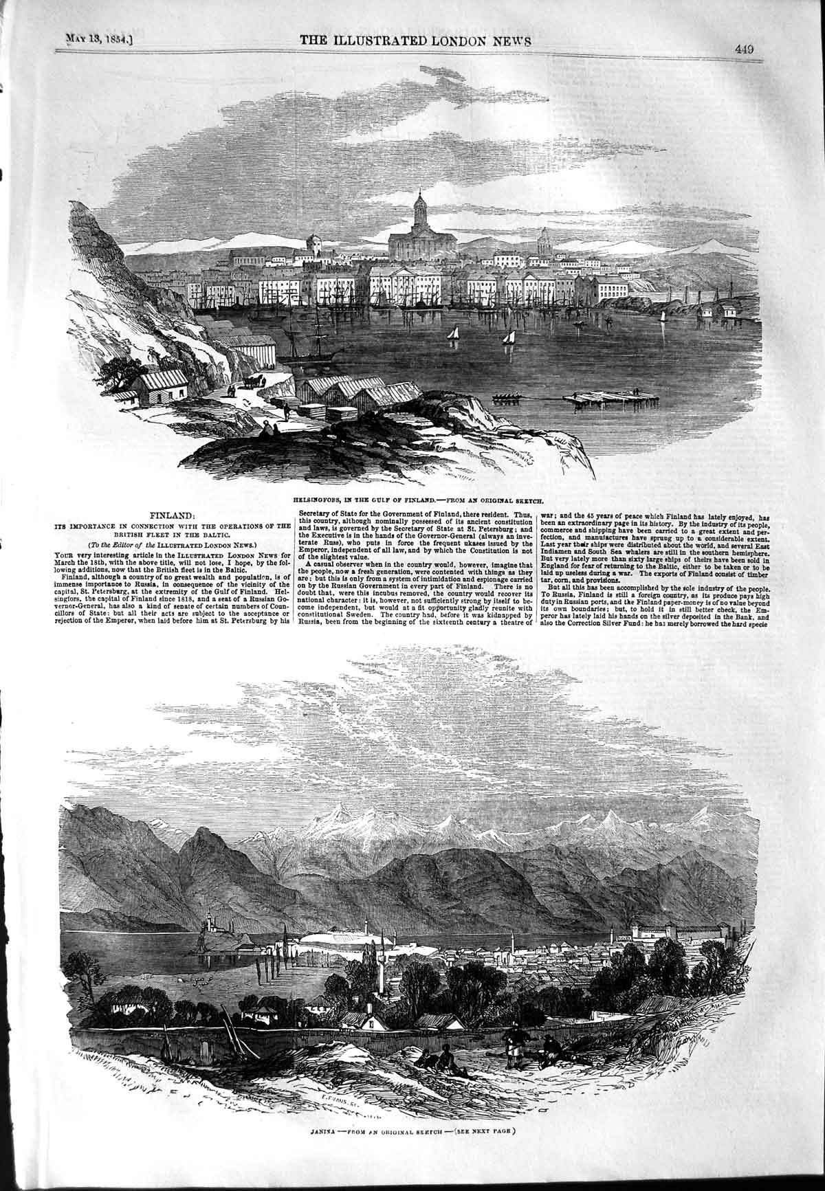 Original Old Antique Print 1854 View Helsingfors Gulf Finland Janina War Ships