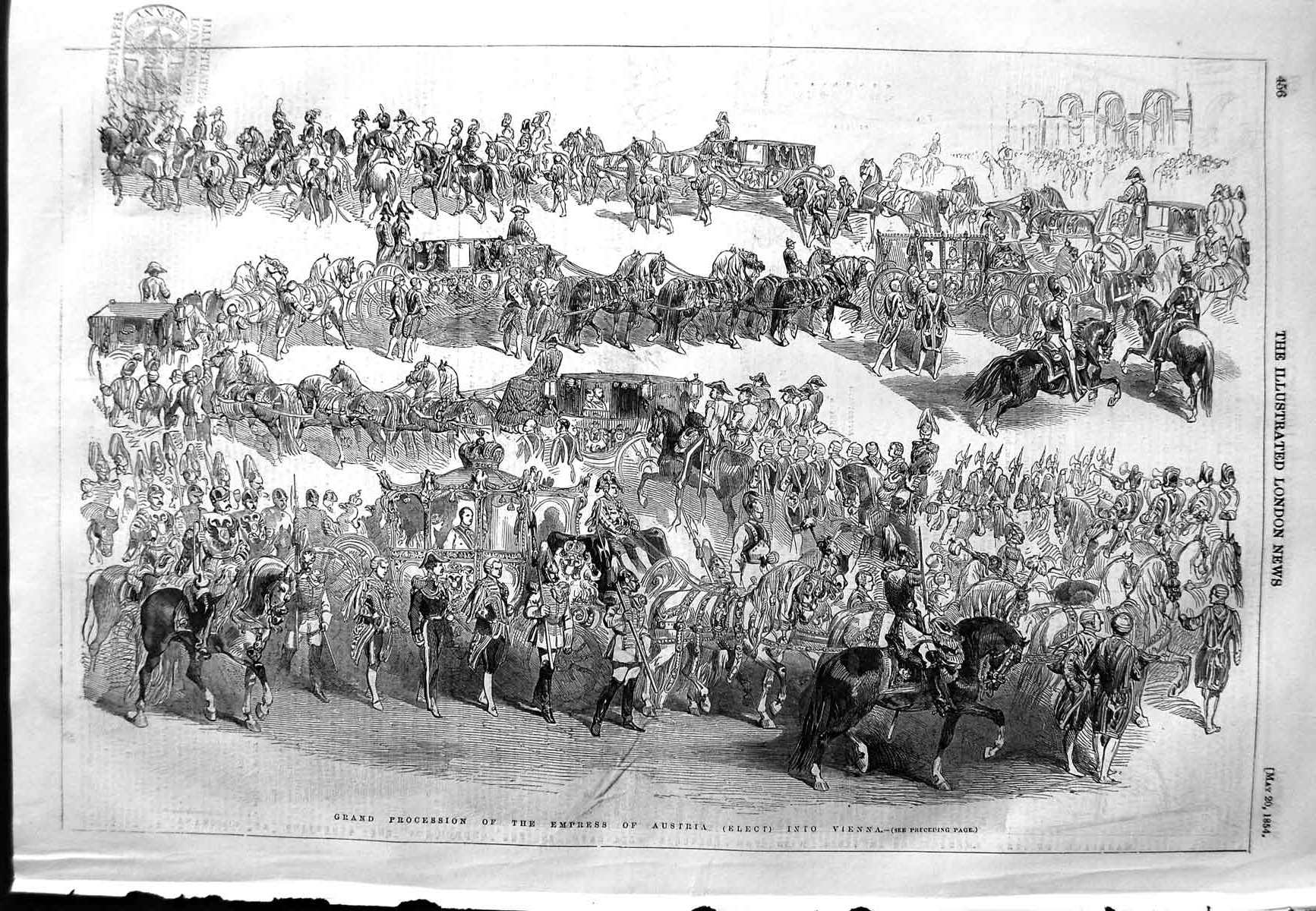 Old Antique Print 1854 Grand Procession Carriages Empress Austria Vienna 19th