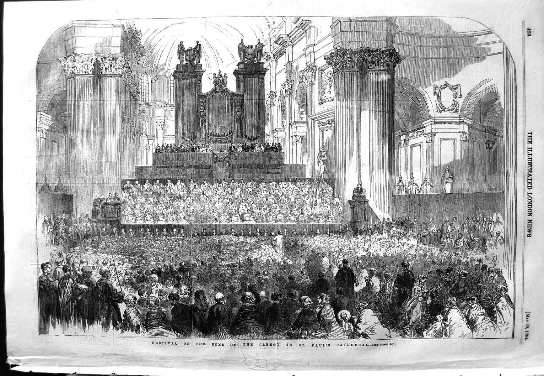 Original Old Antique Print 1854 Festival Sons Clergy St. Pauls Cathedral London