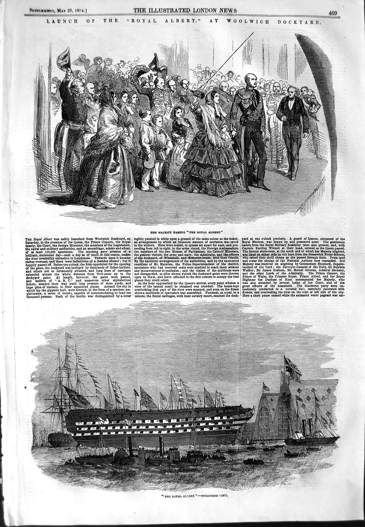 Original Old Antique Print 1854 Woolwich Dockyard Royal Albert Queen England