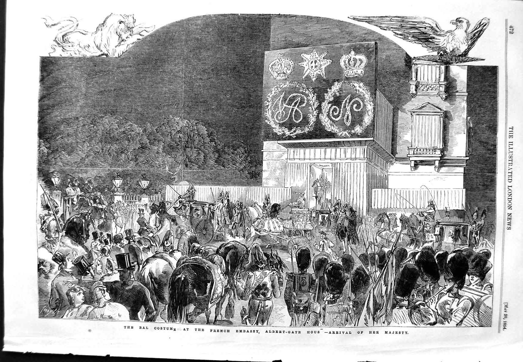Original Old Antique Print 1854 Costume Ball French Embassy Albert-Gate House