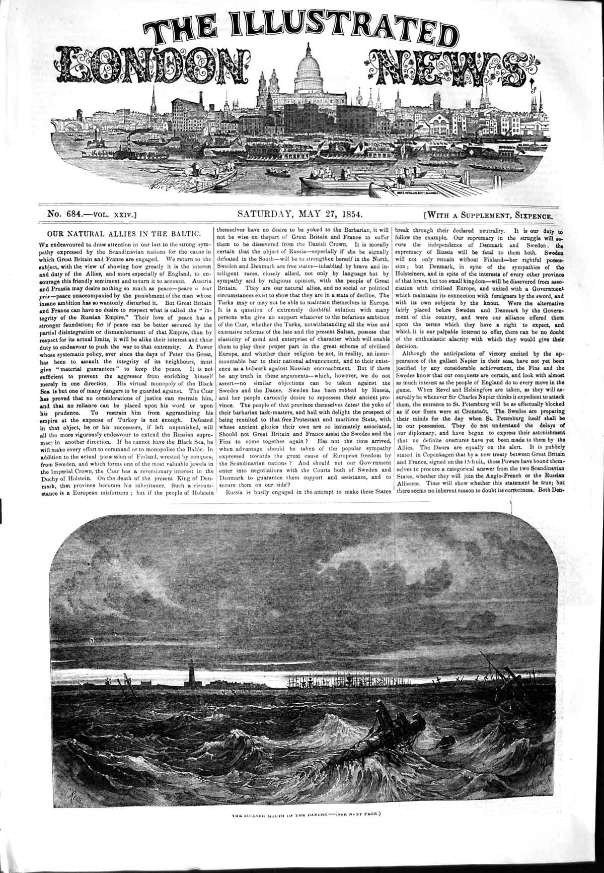 Old Antique Print 1854 Sulineh Scene Mouth River Danube Ships Wreck War 19th