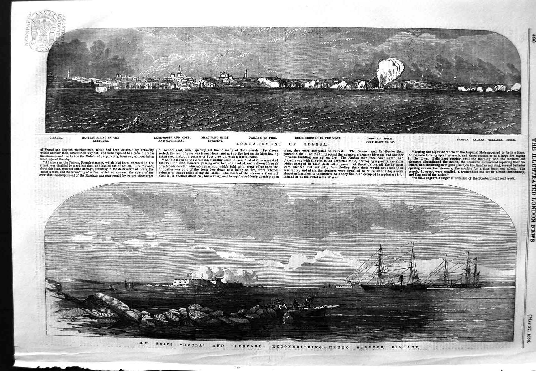 Original Old Antique Print 1854 Odessa War Ships Hecla Leopard Harbour Finland