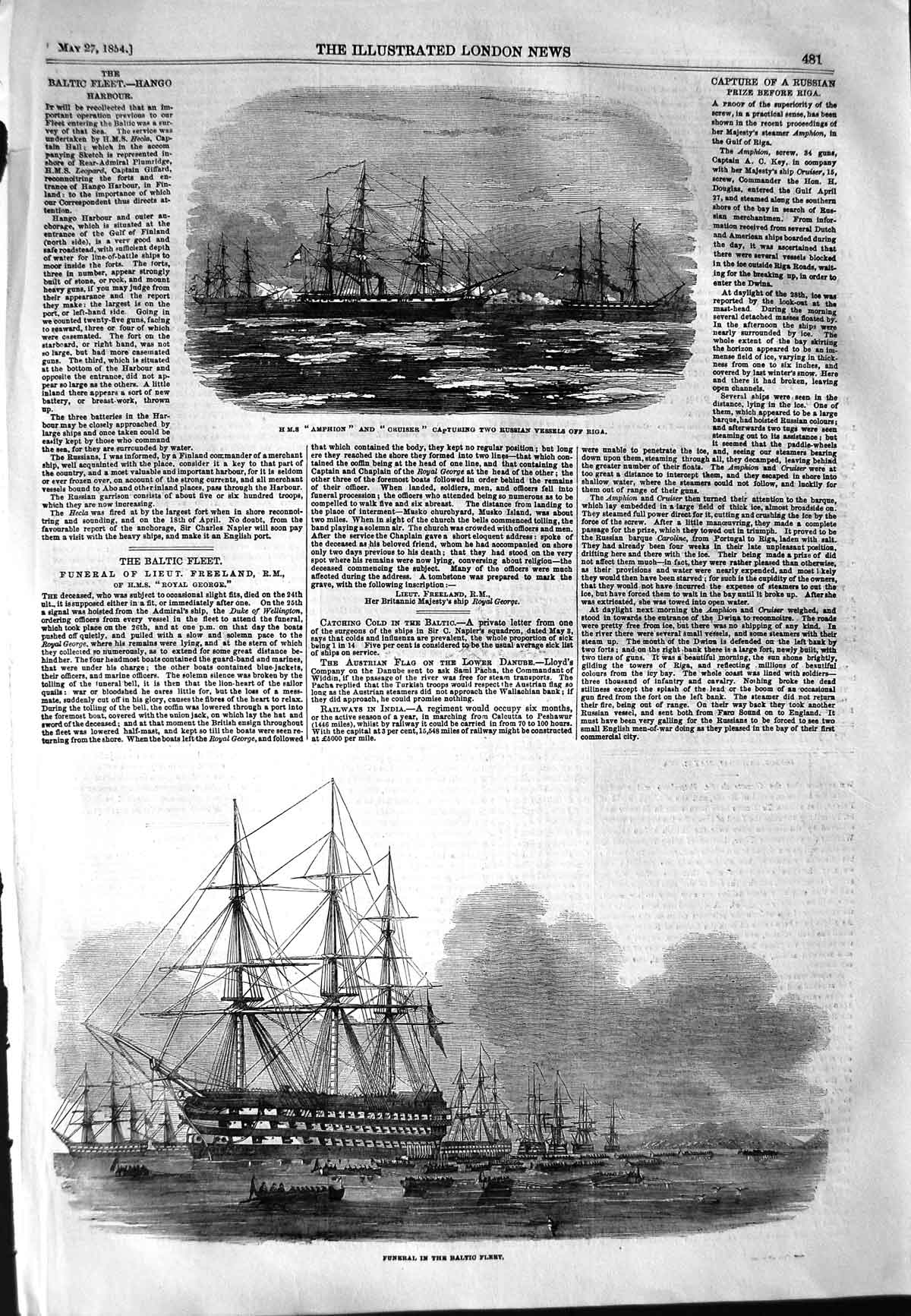 Old Antique Print 1854 Ship H.M.S Amphion Cruiser Riga Funeral Baltic War 19th