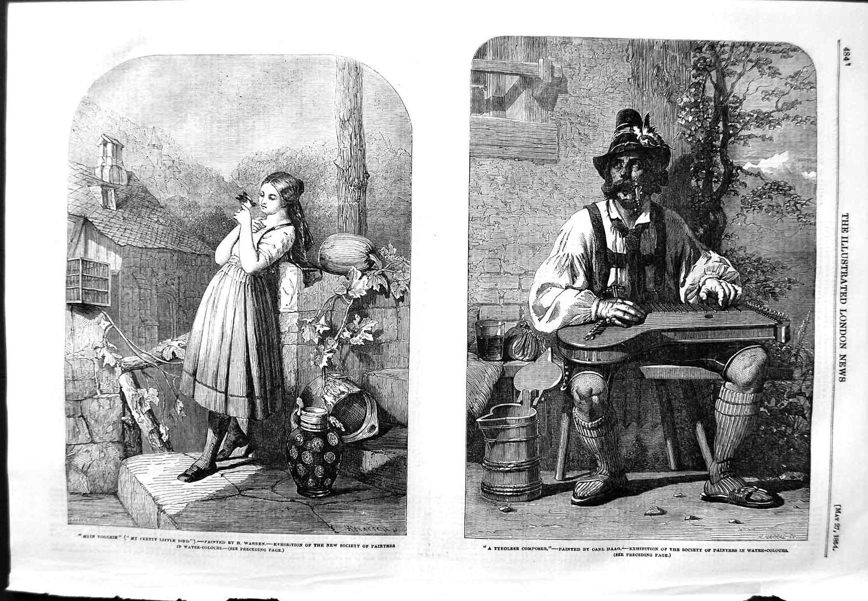 Original Old Antique Print 1854 Mein Voglein Young Woman Bird Tyrolese Composer
