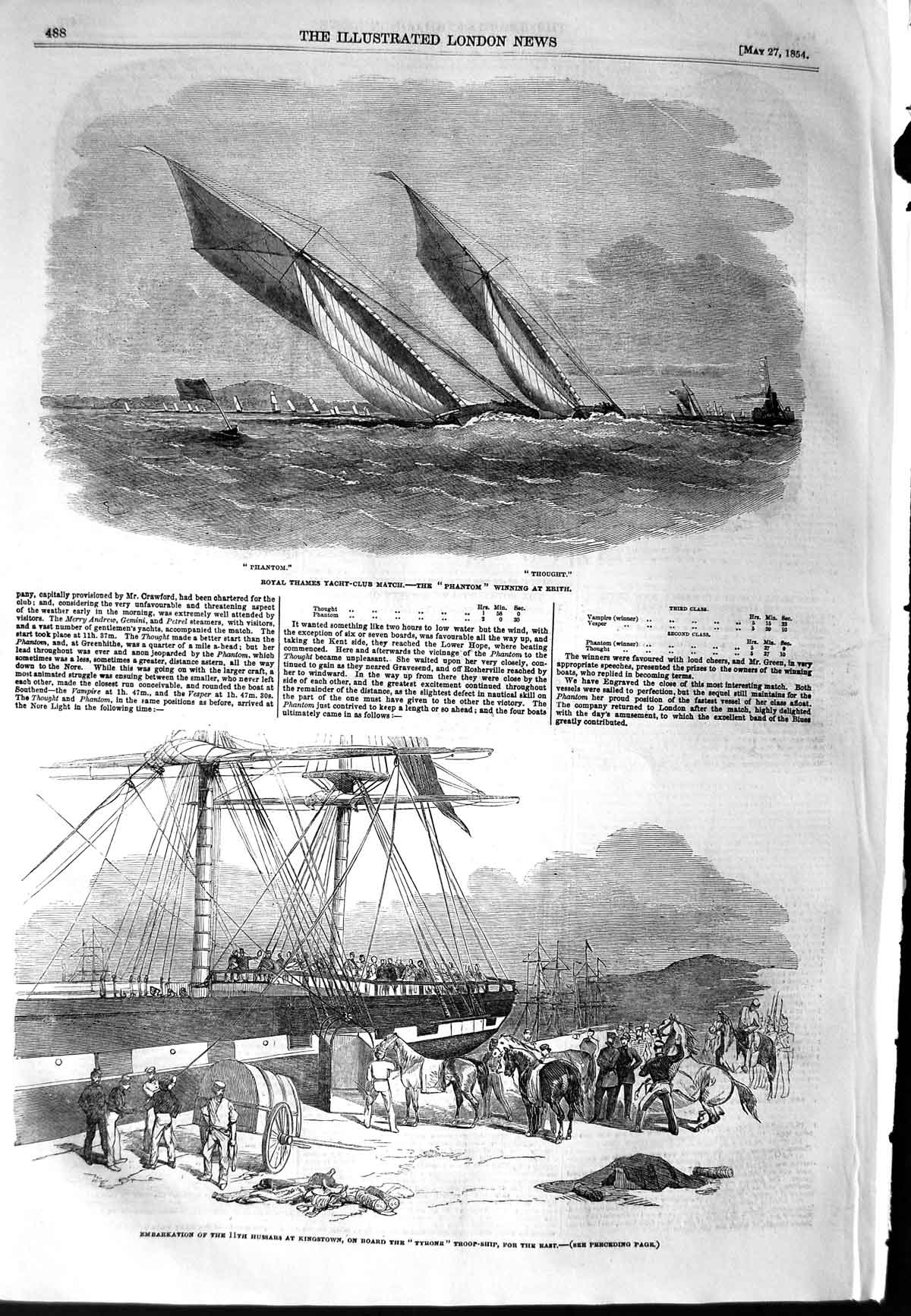 Old Antique Print 1854 Royal Thames Yacht Club Phantom Erith Tyrone Ship 19th