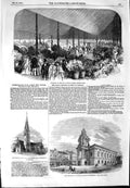 Original Old Antique Print 1854 Town-Hall Burslem Church Royal Botanic Society