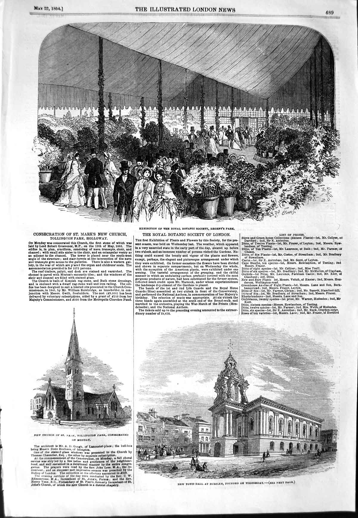 Original Old Antique Print 1854 Town-Hall Burslem Church Royal Botanic Society