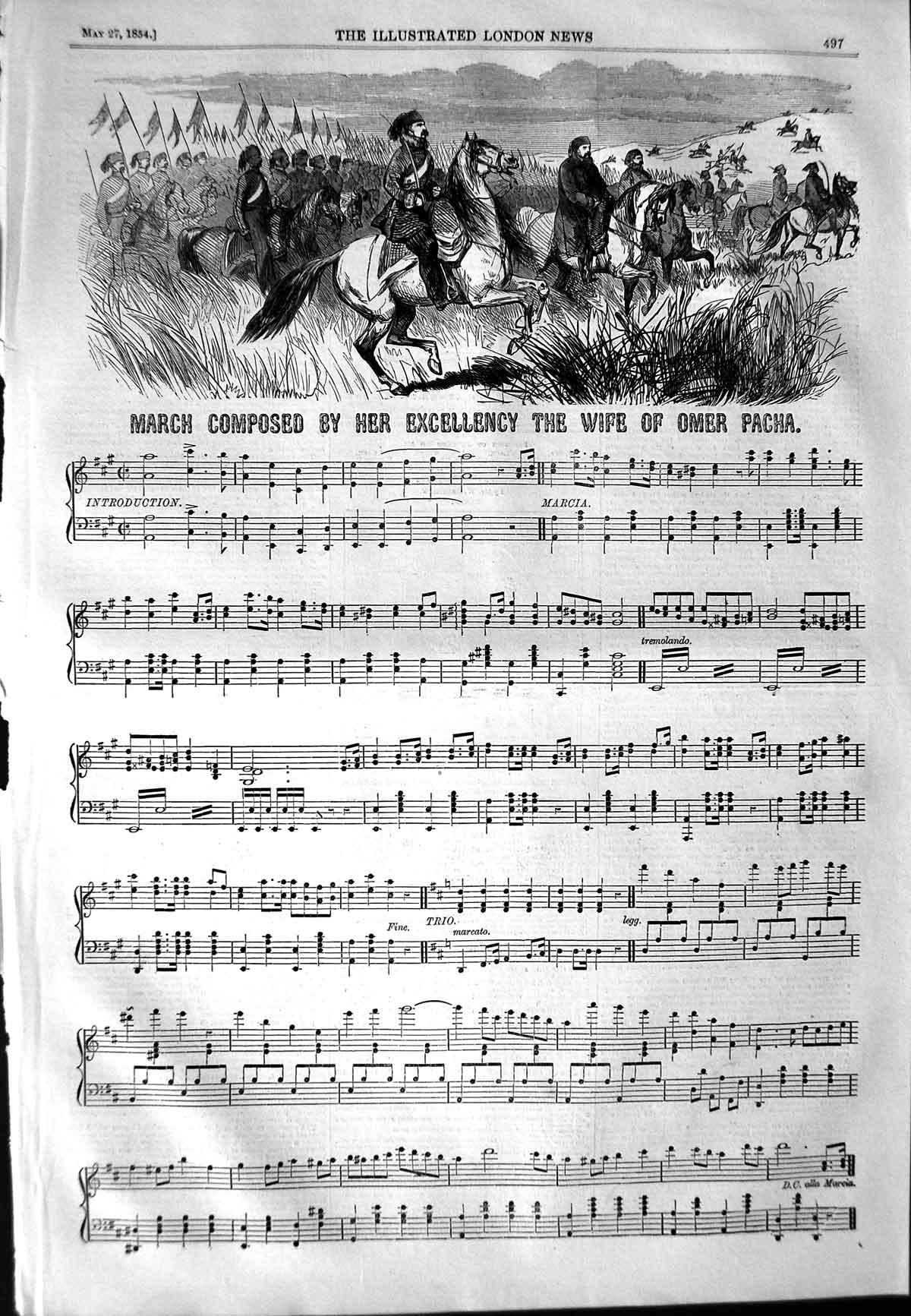 Original Old Antique Print 1854 Sheet Music March Composed Wife Omer Pacha 19th