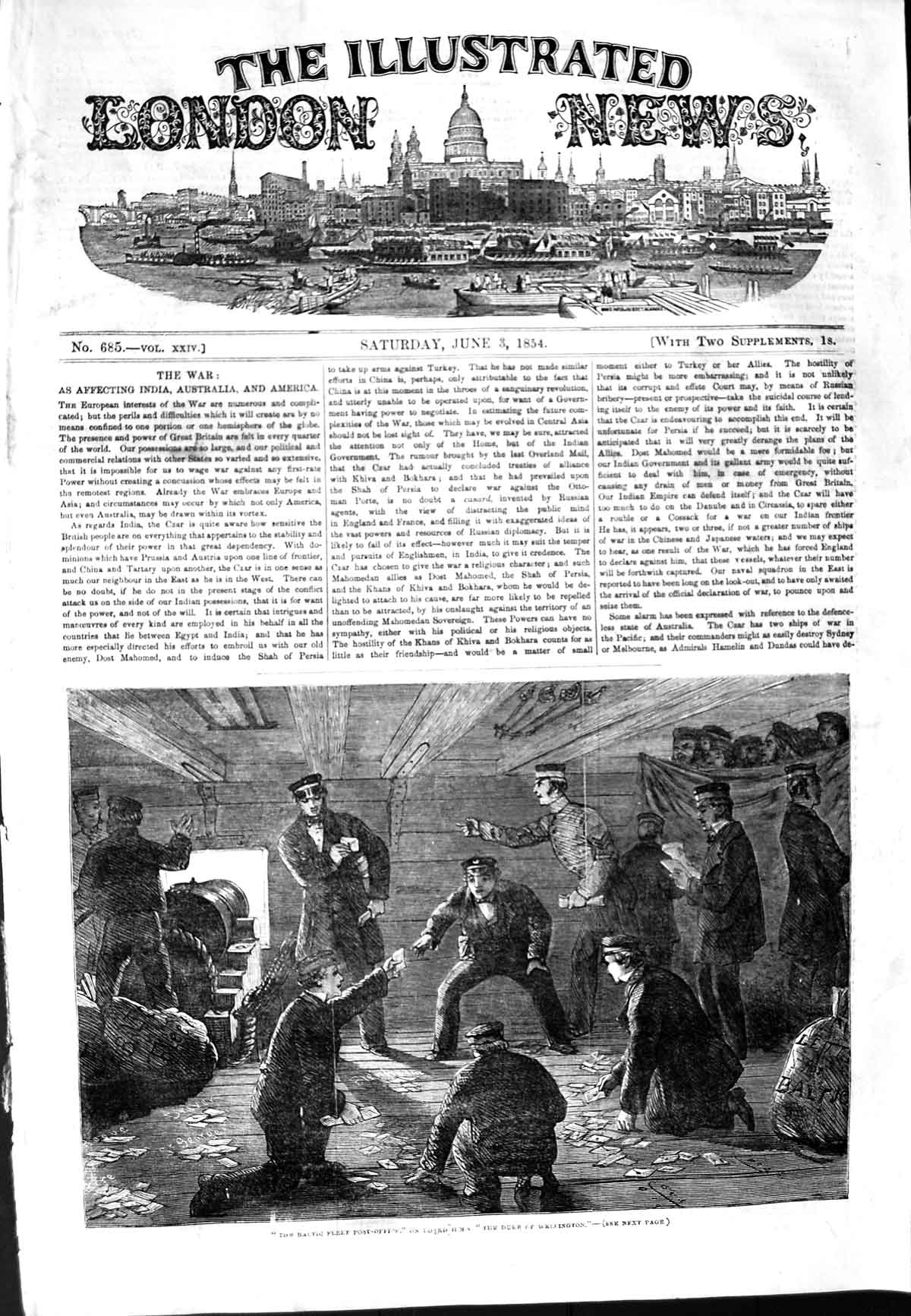 Old Antique Print 1854 Baltic Fleet Post Office Ship Duke Wellington Navy 19th