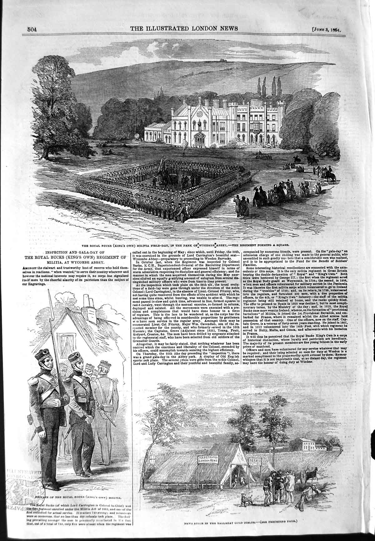 Original Old Antique Print 1854 Royal Bucks Militia Field-Day Ballarat 19th