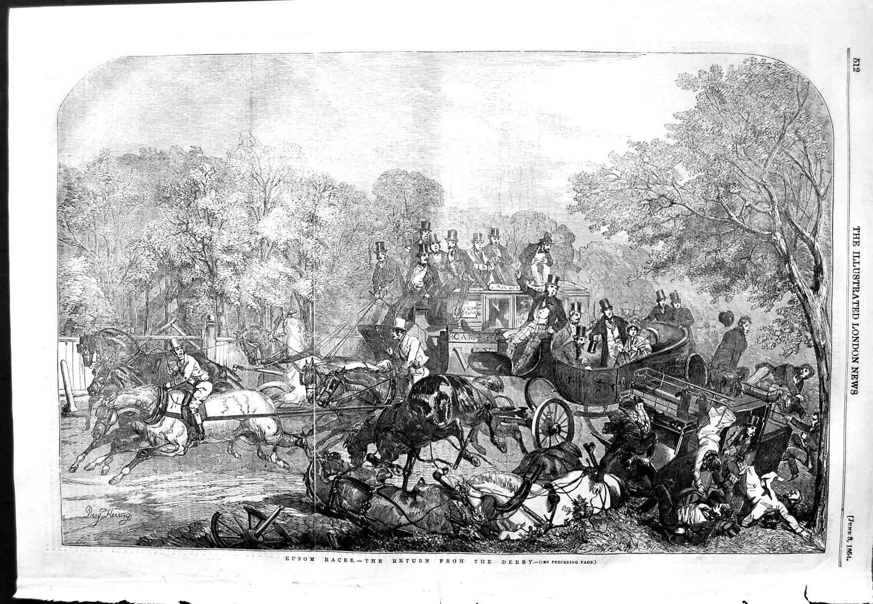 Original Old Antique Print 1854 Epsom Horse Races Derby Carriage Transport 19th