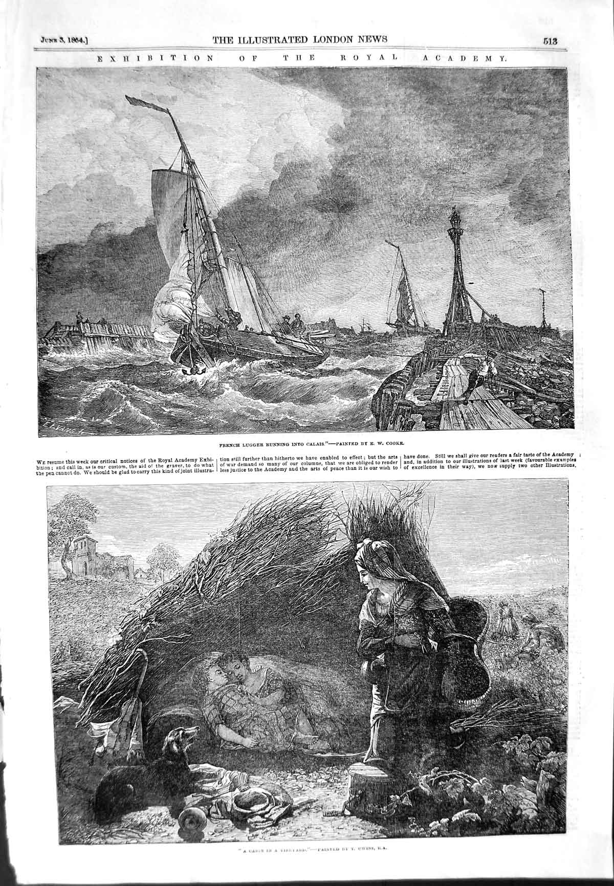 Old Antique Print 1854 French Lugger Ship Burning Calais France Vineyard 19th