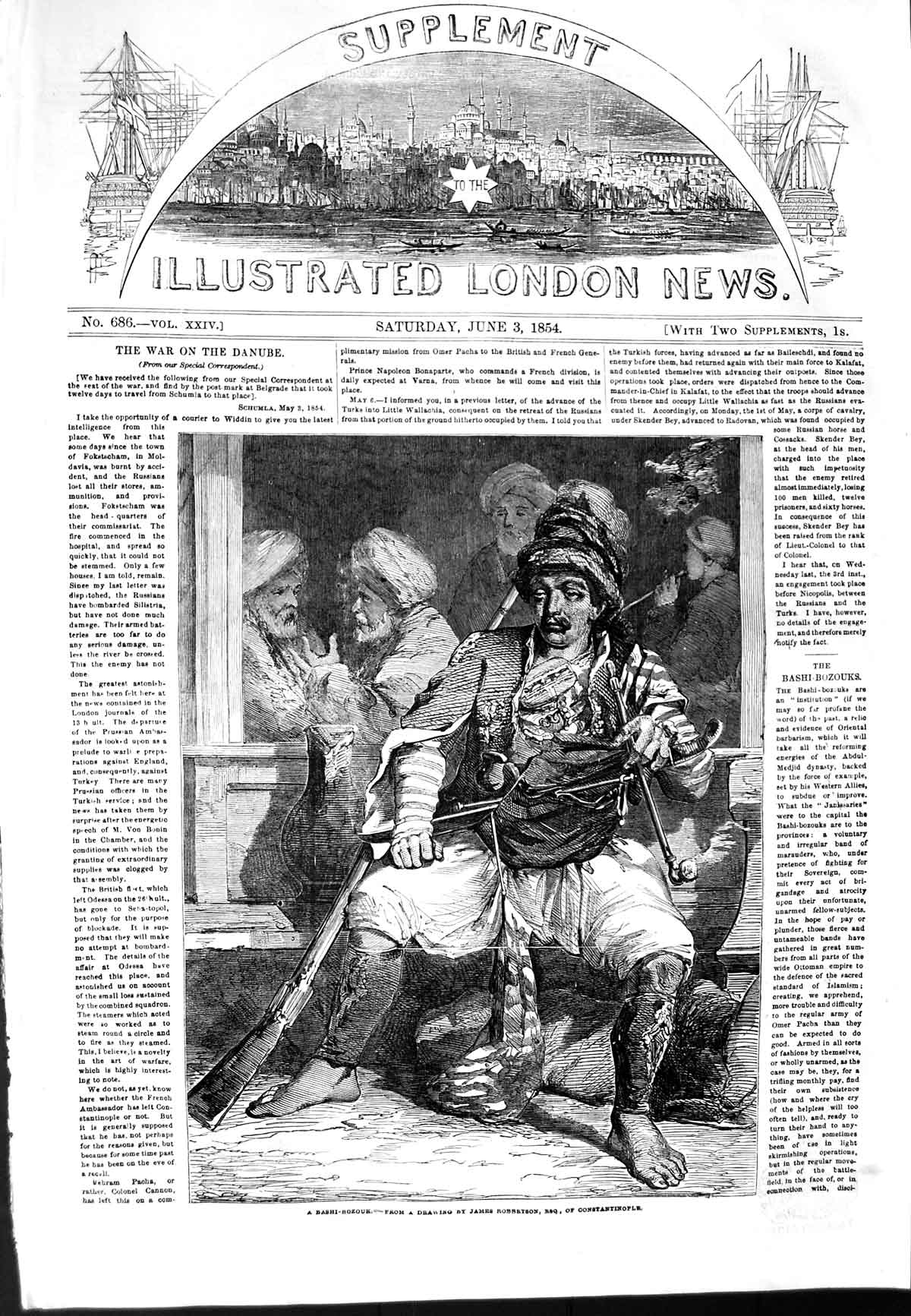 Original Old Antique Print 1854 Portrait Bashi-Bozouk Smoki 19th