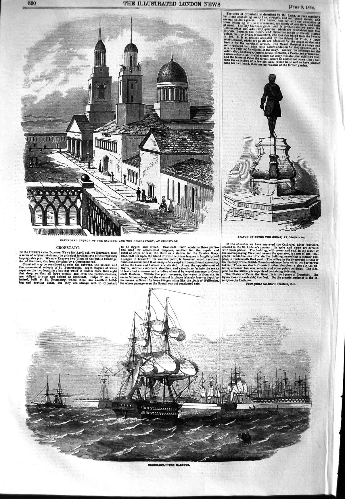 Old Antique Print 1854 Cathedral Church Observatory Cronstadt Ships Peter 19th