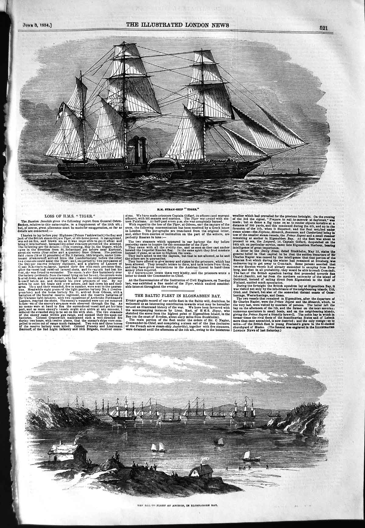 Old Antique Print 1854 Ship H.M Steam Tiger Baltic Fleet Elgsnabben Bay 19th