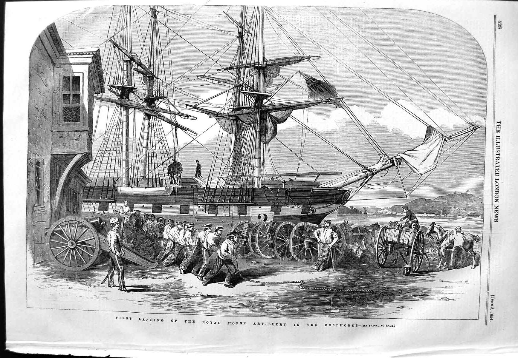 Original Old Antique Print 1854 Royal Horse Artillery Bosphorus War Shi 19th