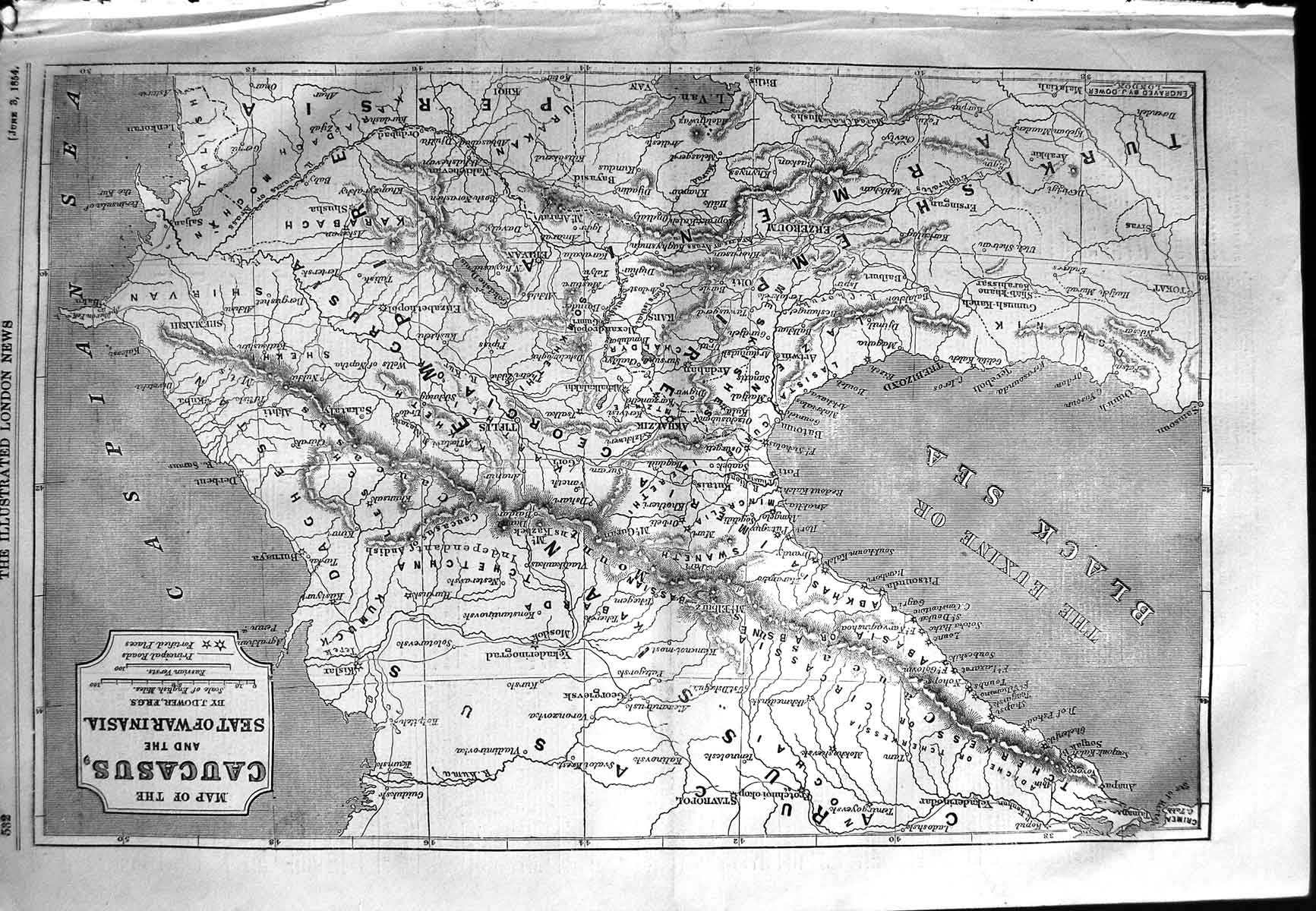 Original Old Antique Print 1854 Map Caucasus Seat Warinasia Black Sea Casp 19th