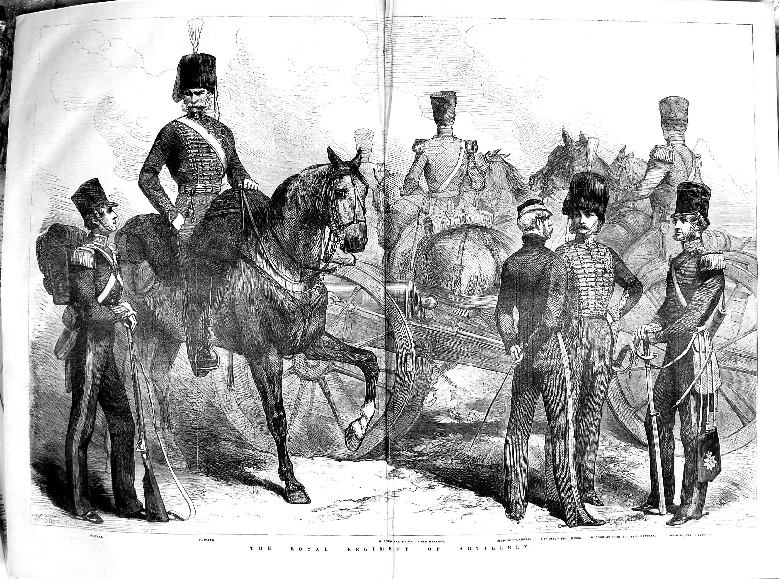 Original Old Antique Print 1854 Royal Regiment Artillery War Private Officer