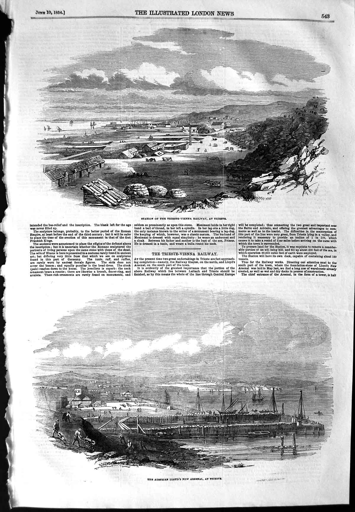 Old Antique Print 1854 Railway Station Trieste-Vienna Lloyd Arsenal War 19th